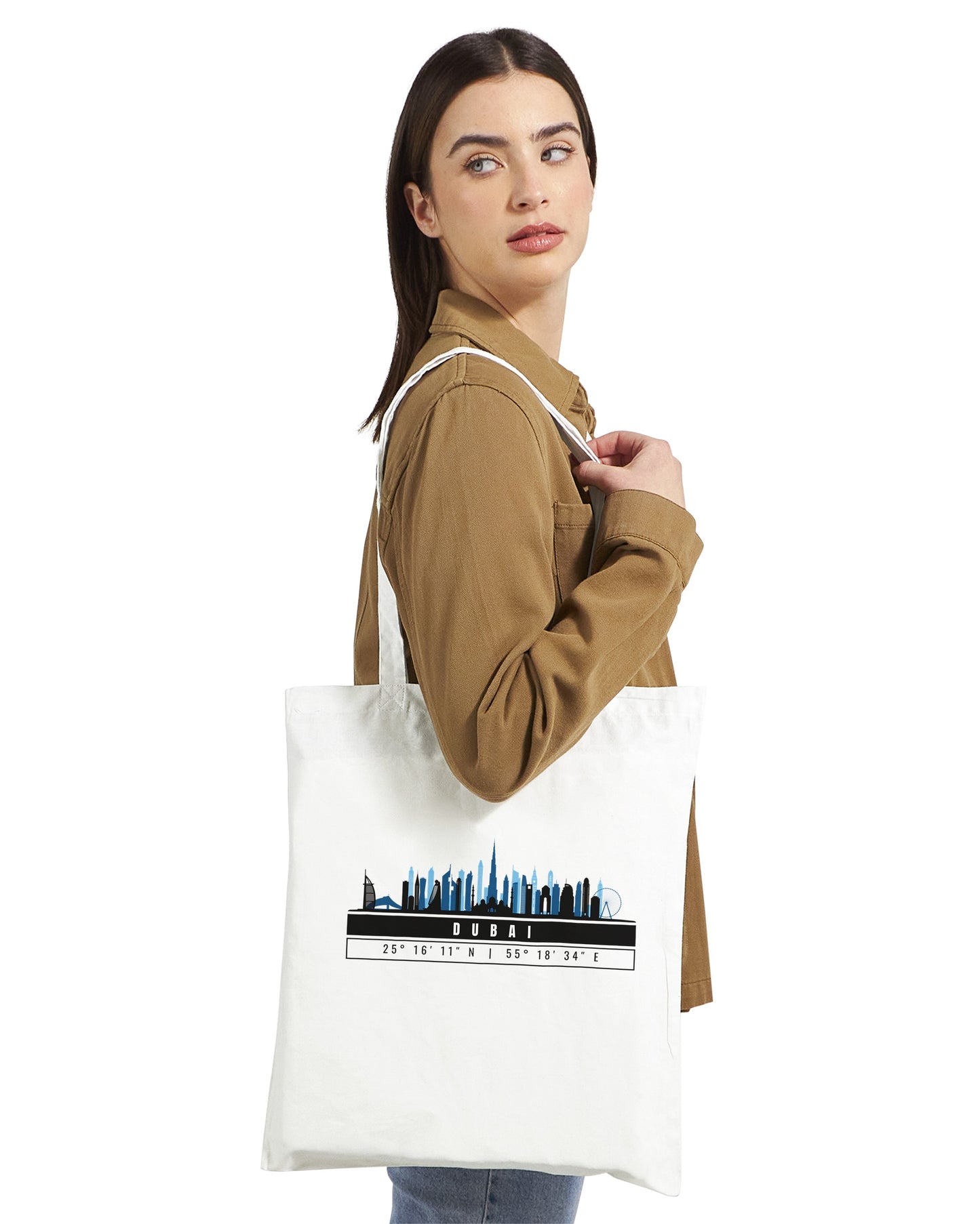 Dubai Skyline Tote Bag – City Landmarks with Coordinates – Emirates Travel Souvenir Bag