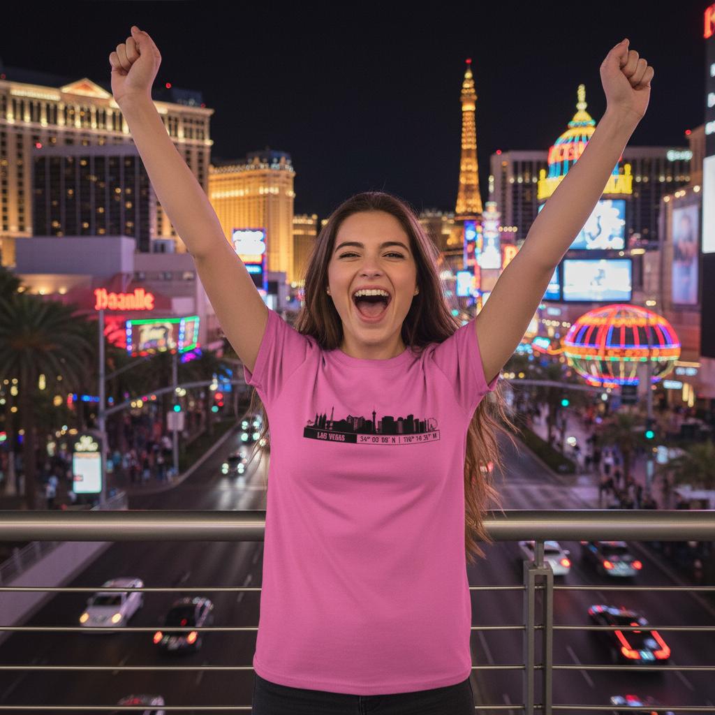 T-Shirt Las Vegas con Skyline e Coordinate – Minimal City Tee, American Travel Gift