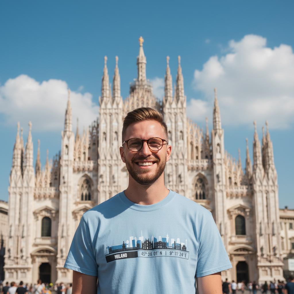 T-Shirt Milano con Skyline e Coordinate – Minimal City Tee, Italy Travel Gift