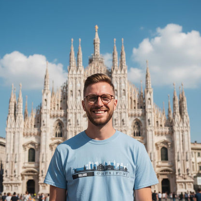 T-Shirt Milano con Skyline e Coordinate – Minimal City Tee, Italy Travel Gift