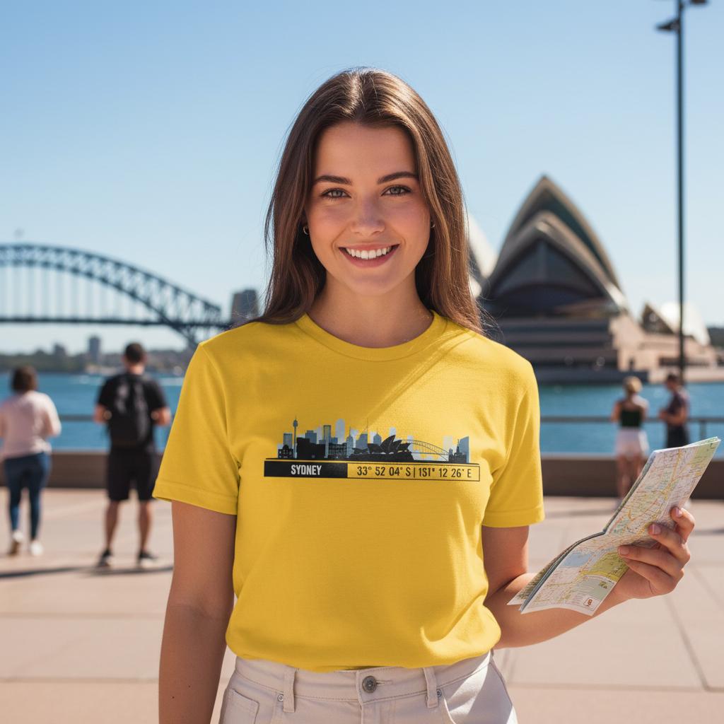 T-Shirt Sydney con Skyline e Coordinate – Minimal City Tee, Australia Travel Gift
