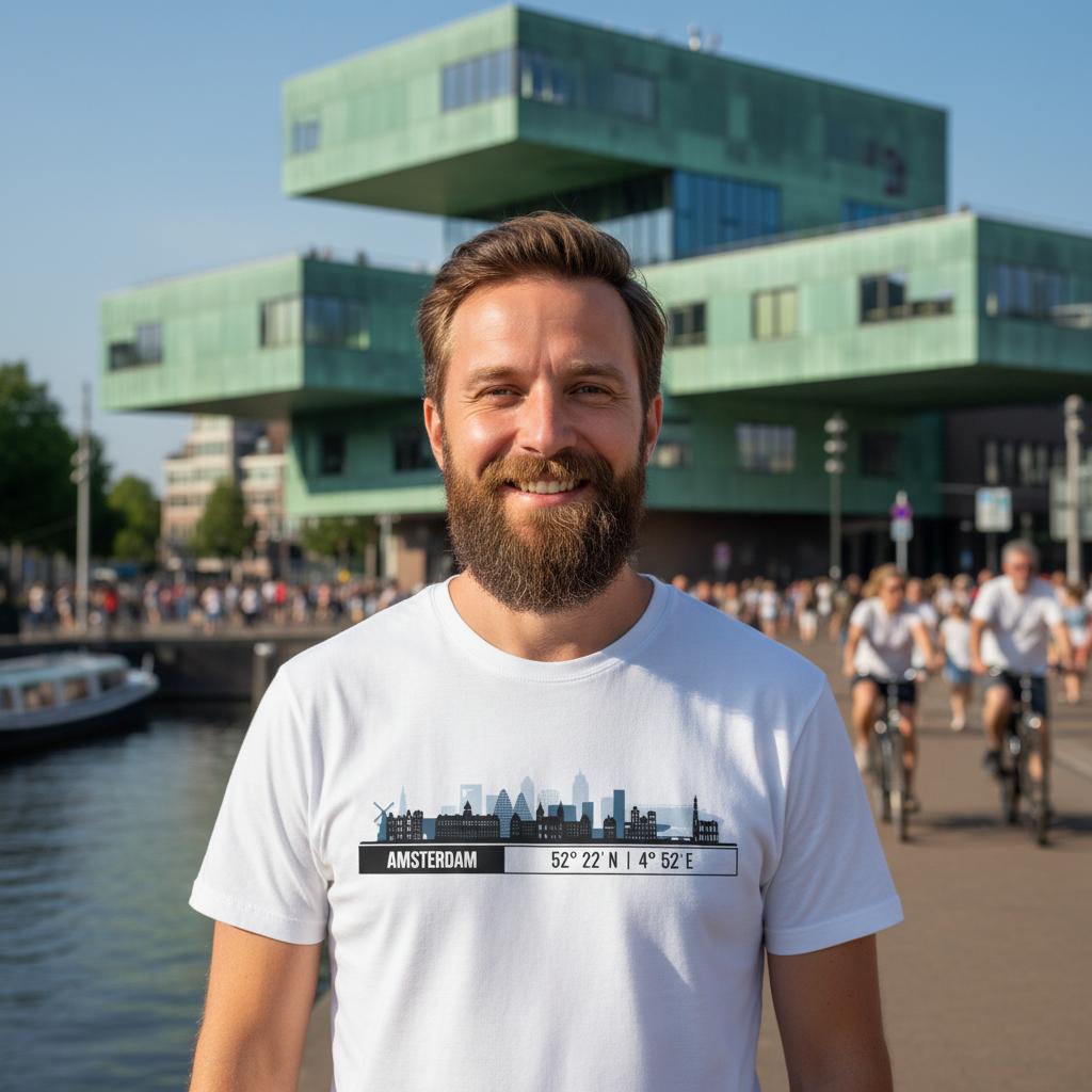 T-Shirt Amsterdam con Skyline e Coordinate – Minimal City Tee, The Netherlands Travel Gift