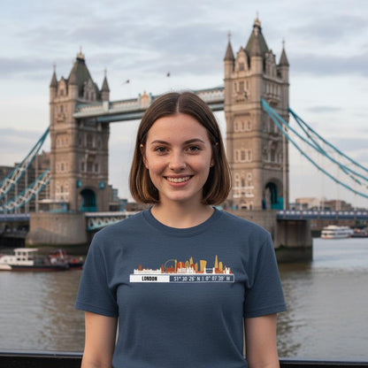 T-Shirt Londra con Skyline e Coordinate – Minimal City Tee, UK Travel Gift