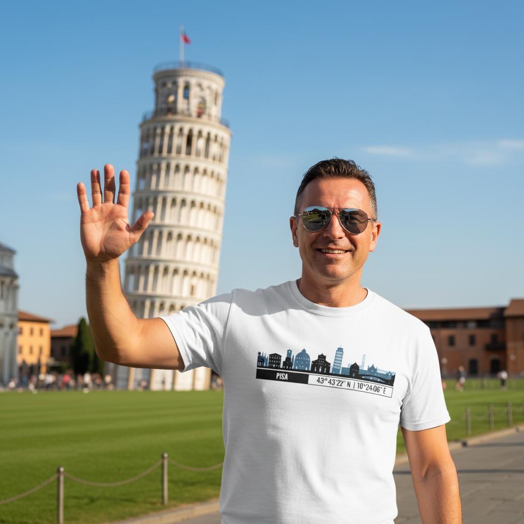 T-Shirt Pisa con Skyline e Coordinate – Minimal City Tee, Italy Travel Gift