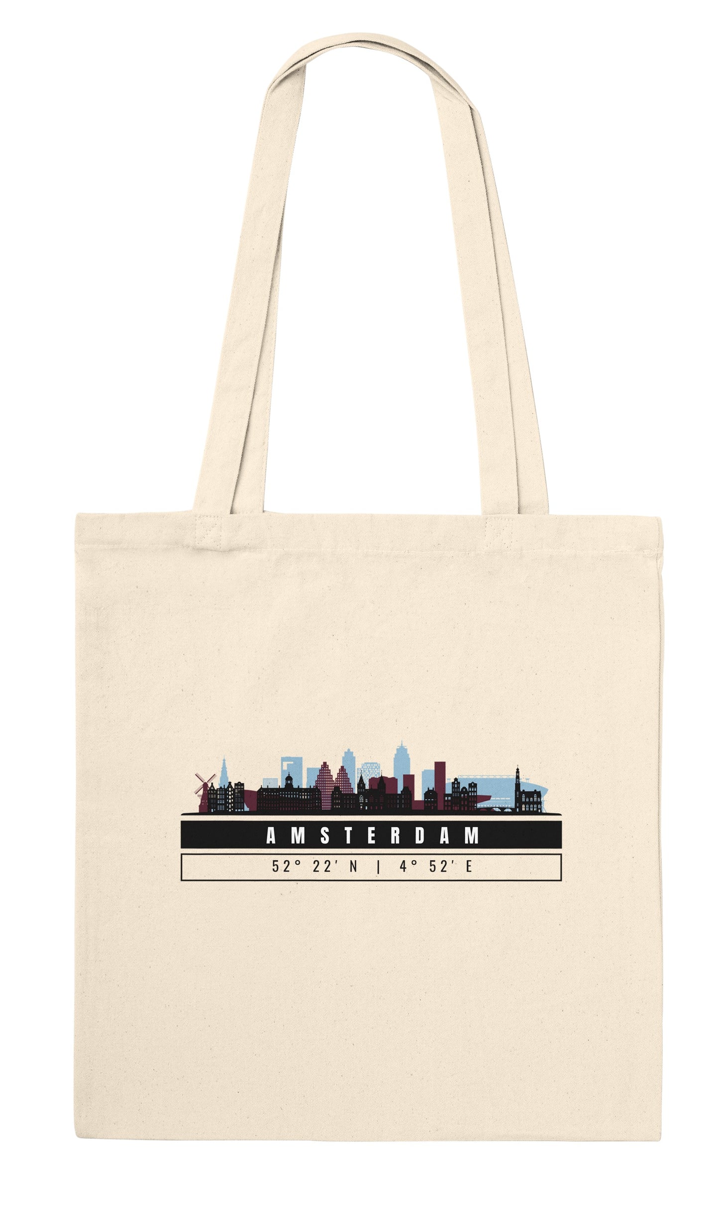 Amsterdam Skyline Tote Bag – Borsa in Cotone Riutilizzabile con Coordinate