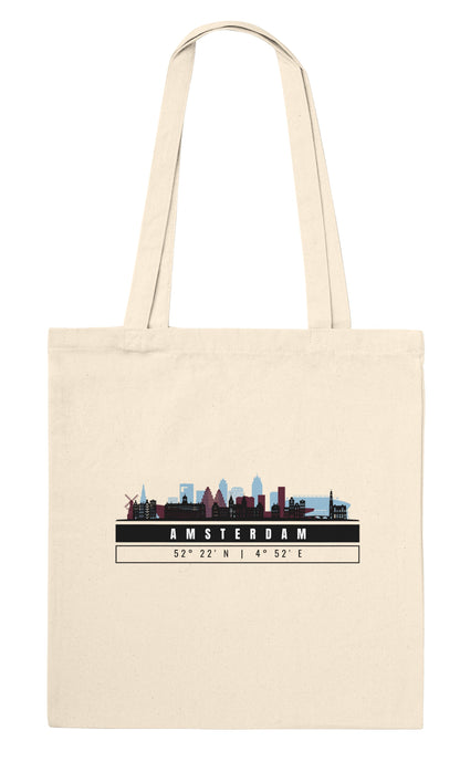 Amsterdam Skyline Tote Bag – Borsa in Cotone Riutilizzabile con Coordinate