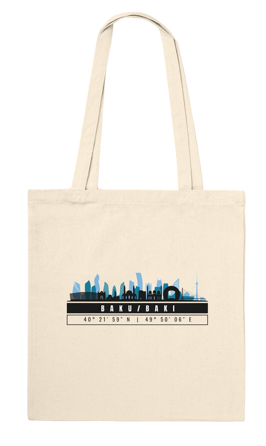 Baku Skyline with Coordinates Classic Cotton Tote Bag – Azerbaijan Travel Souvenir Bag