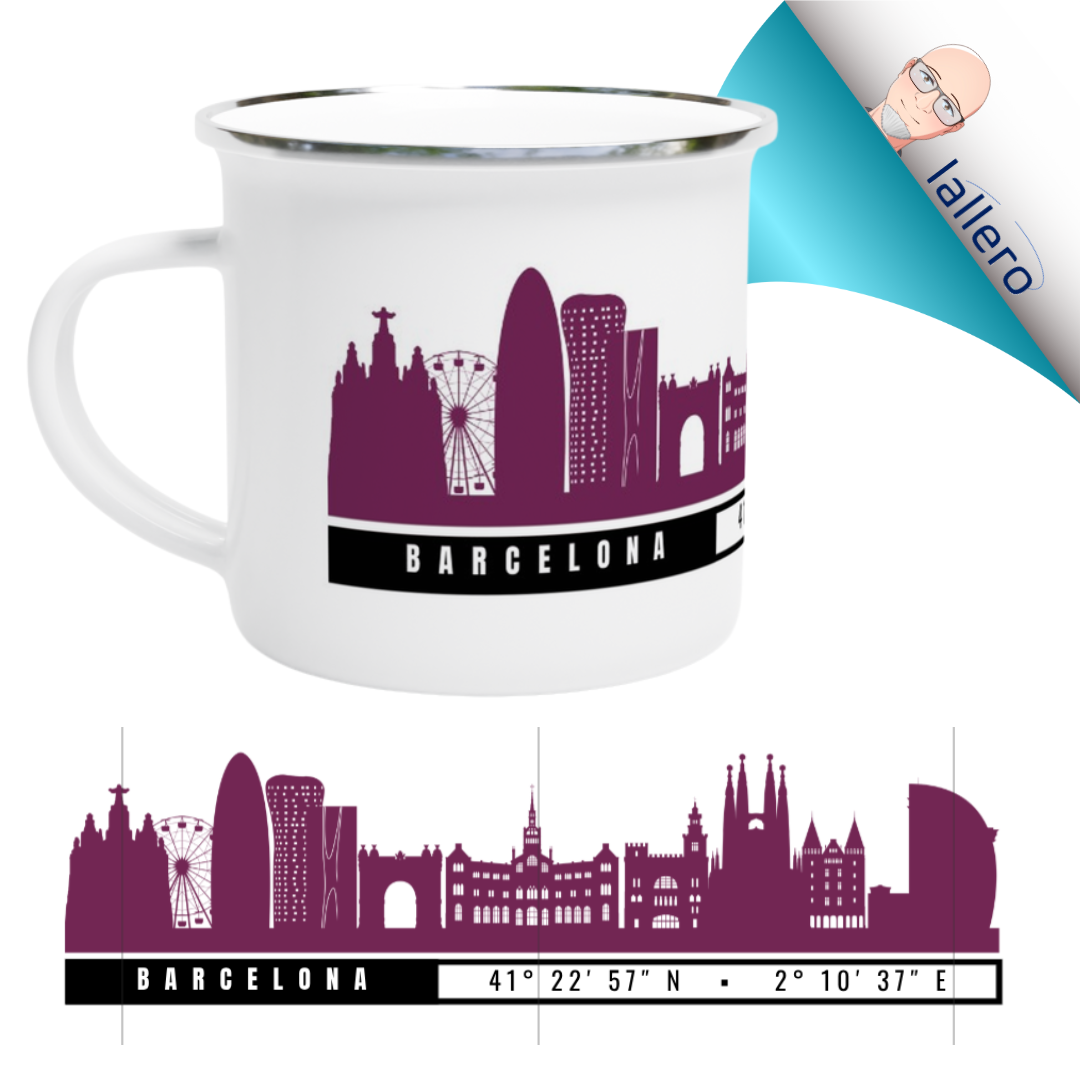 Mug Smaltata Barcellona – Skyline e Coordinate Geografiche - Tazza in Metallo 12oz - Idea Regalo Viaggio Spagna