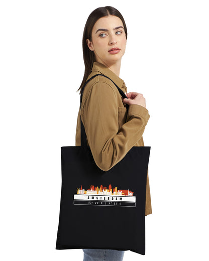 Amsterdam Skyline Tote Bag – Borsa in Cotone Riutilizzabile con Coordinate