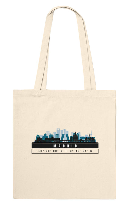 Madrid Skyline Tote Bag – Borsa in Cotone Riutilizzabile con Coordinate