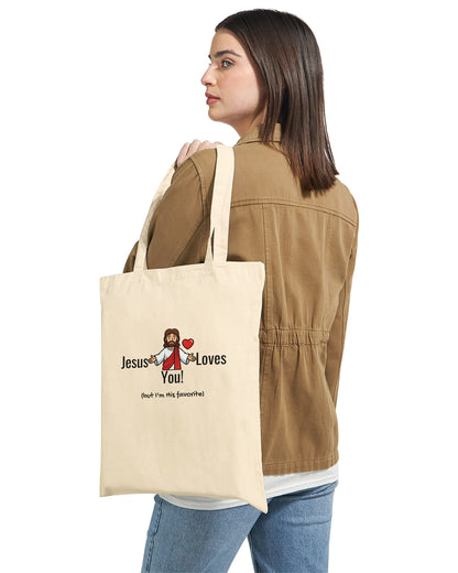 Tote Bag "Jesus Loves You (but I'm his favorite)" – Borsa in Tela Divertente, Regalo Ironico Cristiano
