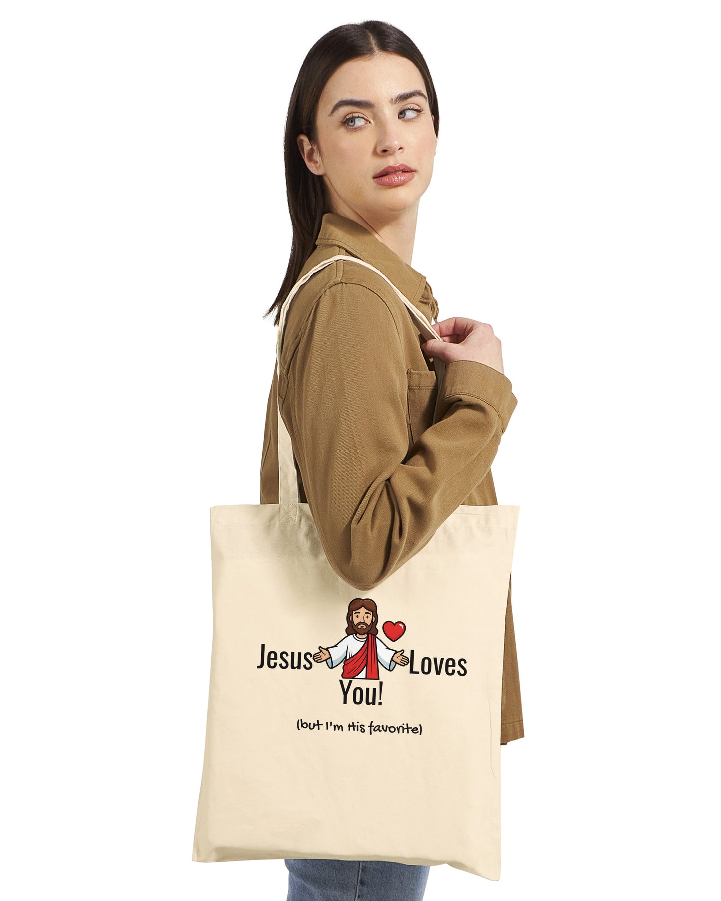 Tote Bag "Jesus Loves You (but I'm his favorite)" – Borsa in Tela Divertente, Regalo Ironico Cristiano