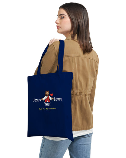 Tote Bag "Jesus Loves You (but I'm his favorite)" – Borsa in Tela Divertente, Regalo Ironico Cristiano