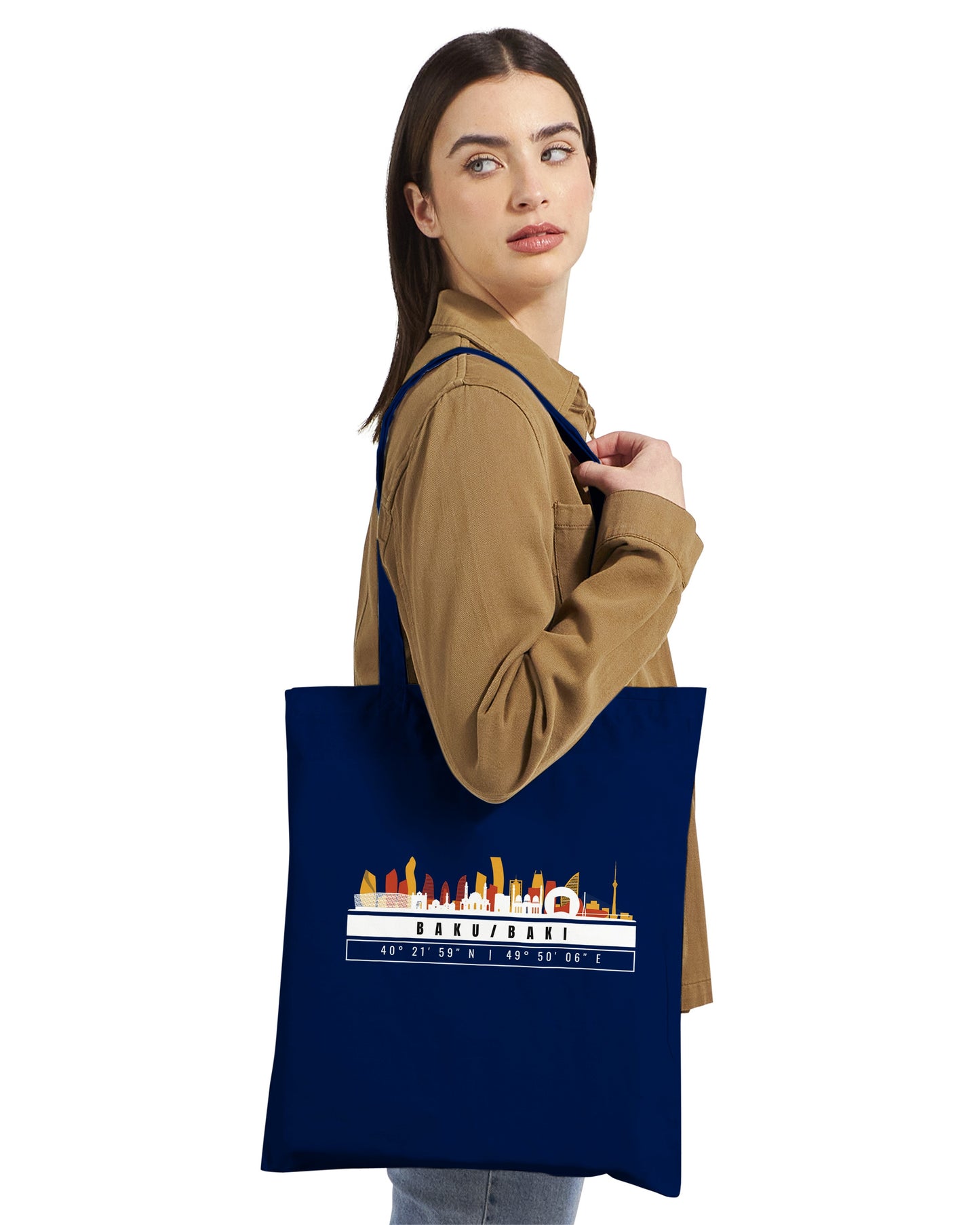 Baku Skyline Tote Bag – Borsa in Cotone Riutilizzabile con Coordinate