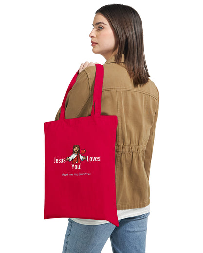 Tote Bag "Jesus Loves You (but I'm his favorite)" – Borsa in Tela Divertente, Regalo Ironico Cristiano