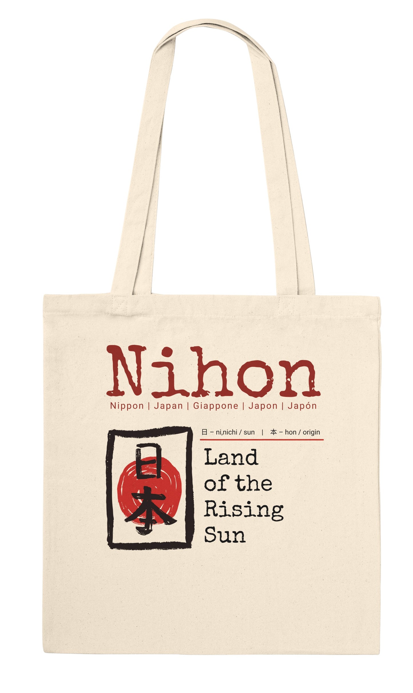 Tote Bag Nihon "Land of the Rising Sun" – Borsa in Tela Giappone con Kanji, Design Minimalista, Regalo Amanti Cultura Orientale e Viaggi