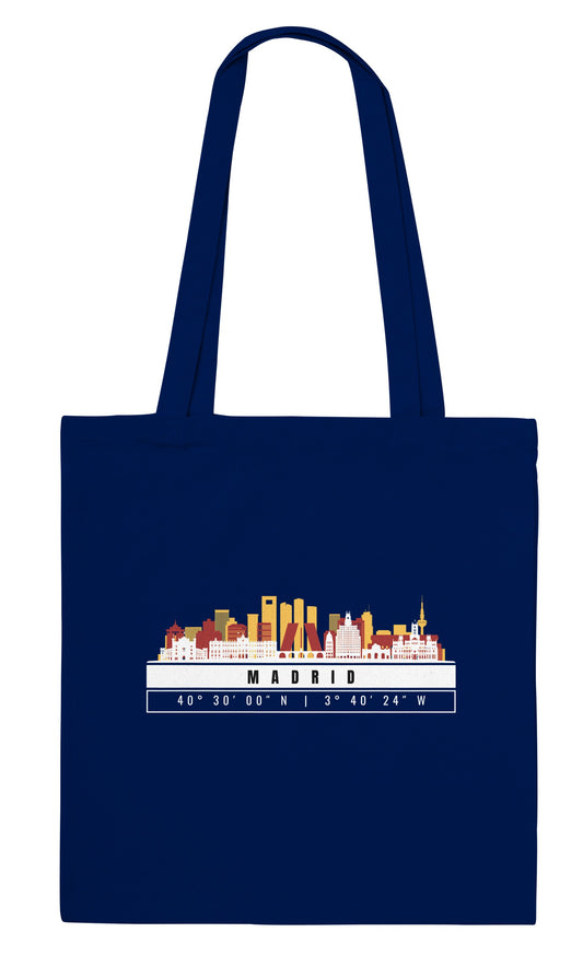 Madrid Skyline Tote Bag – Borsa in Cotone Riutilizzabile con Coordinate
