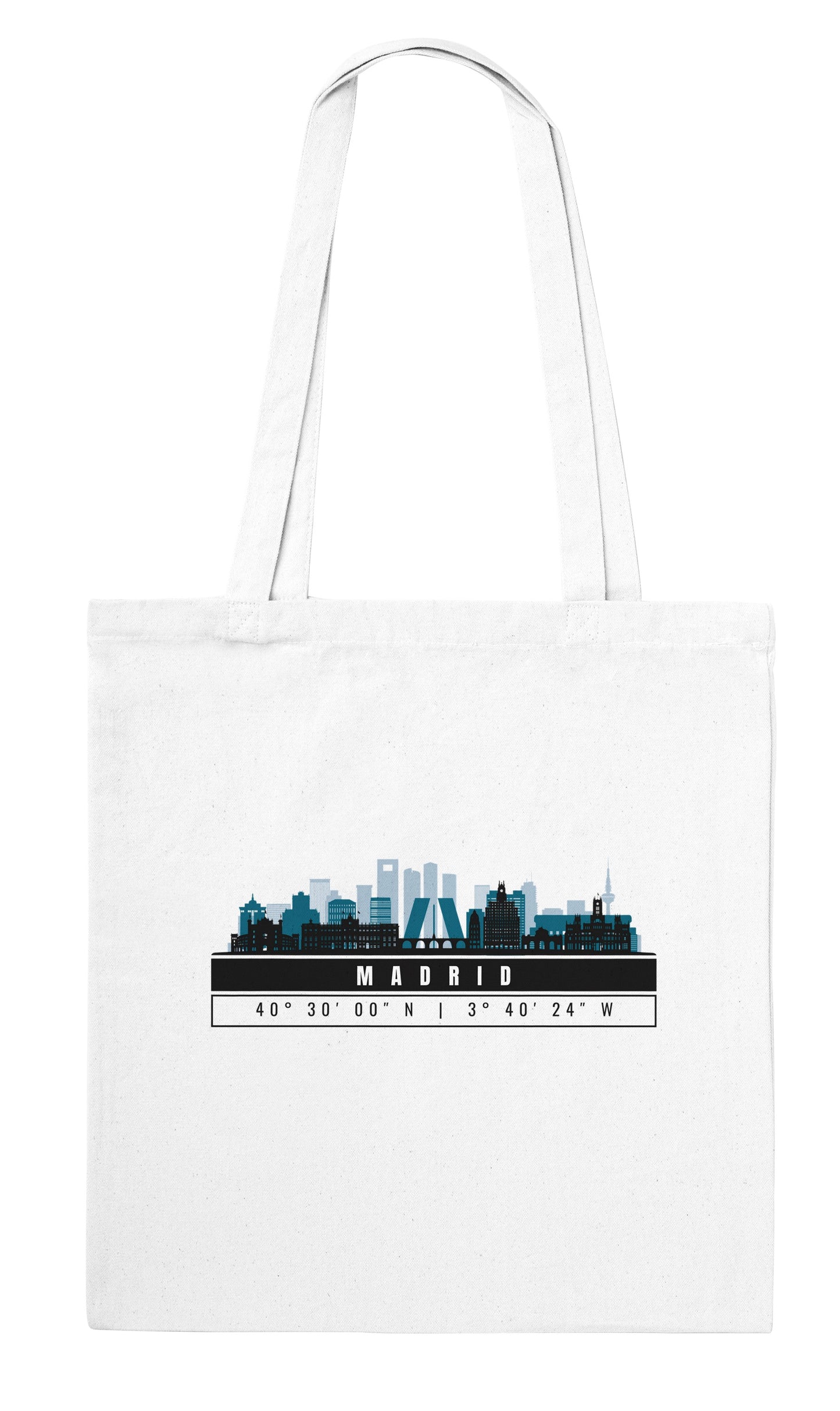 Madrid Skyline Tote Bag – Borsa in Cotone Riutilizzabile con Coordinate