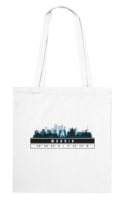 Madrid Skyline Tote Bag – Borsa in Cotone Riutilizzabile con Coordinate