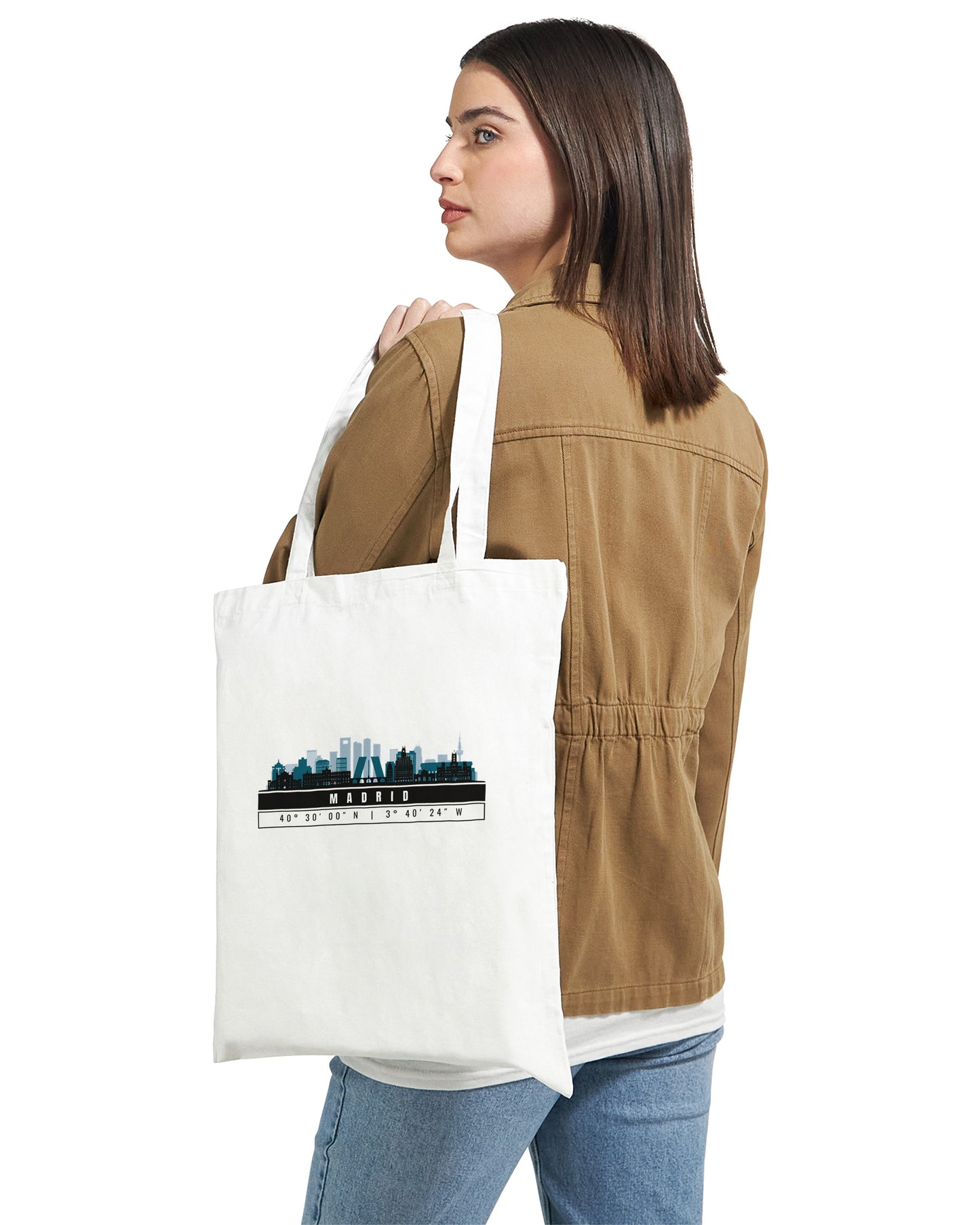 Madrid Skyline Tote Bag – Borsa in Cotone Riutilizzabile con Coordinate