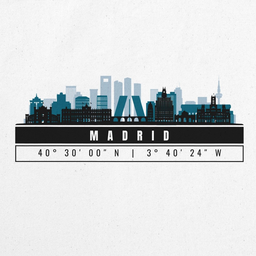 Madrid Skyline Tote Bag – Borsa in Cotone Riutilizzabile con Coordinate