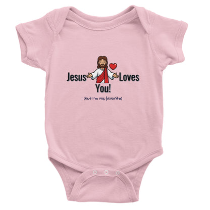 Jesus Loves You But I’m His Favorite Classic Baby Short Sleeve Bodysuit - Funny Christian Humor Baby Outfit
