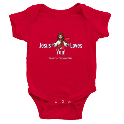 Jesus Loves You But I’m His Favorite Classic Baby Short Sleeve Bodysuit - Funny Christian Humor Baby Outfit