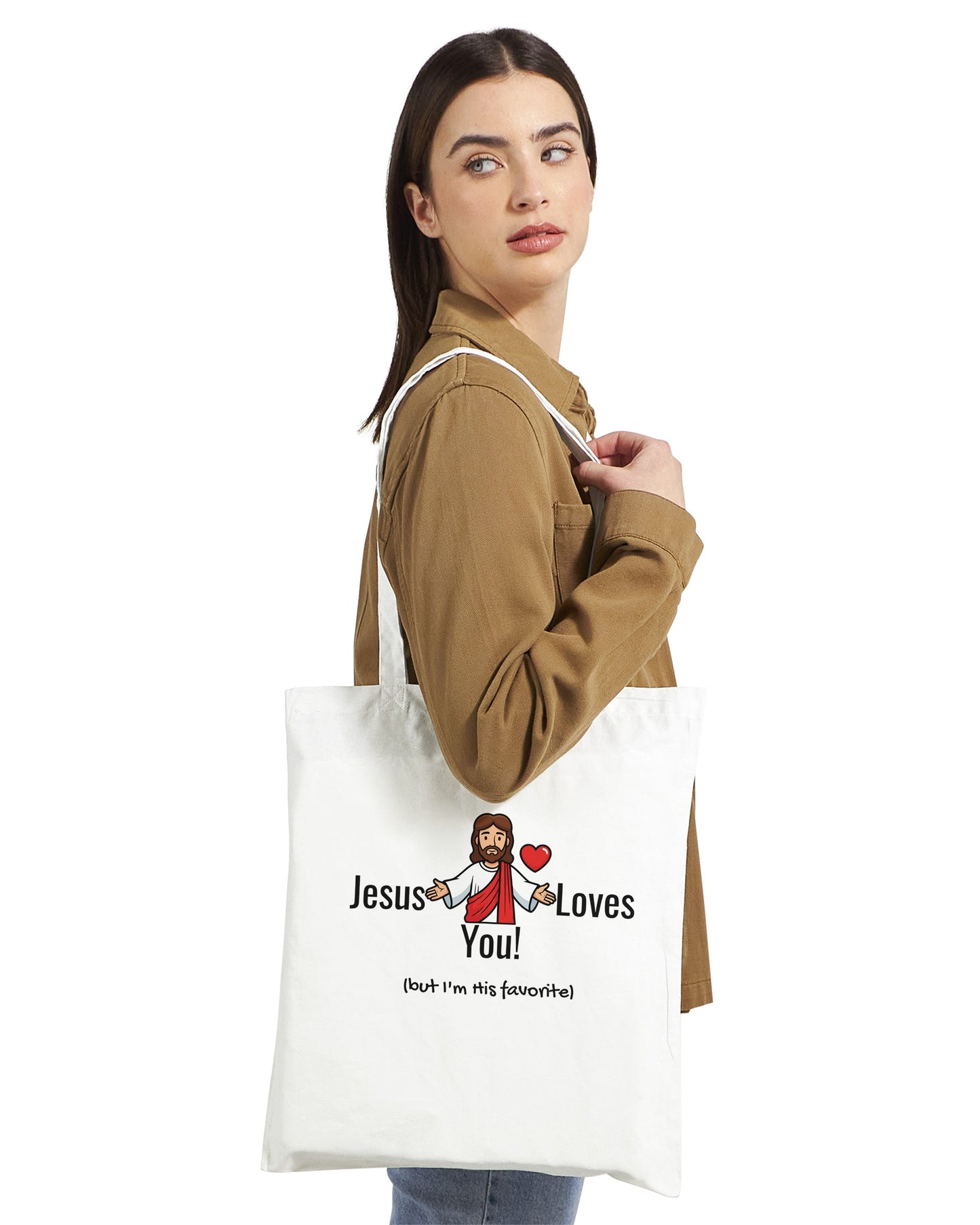 Tote Bag "Jesus Loves You (but I'm his favorite)" – Borsa in Tela Divertente, Regalo Ironico Cristiano