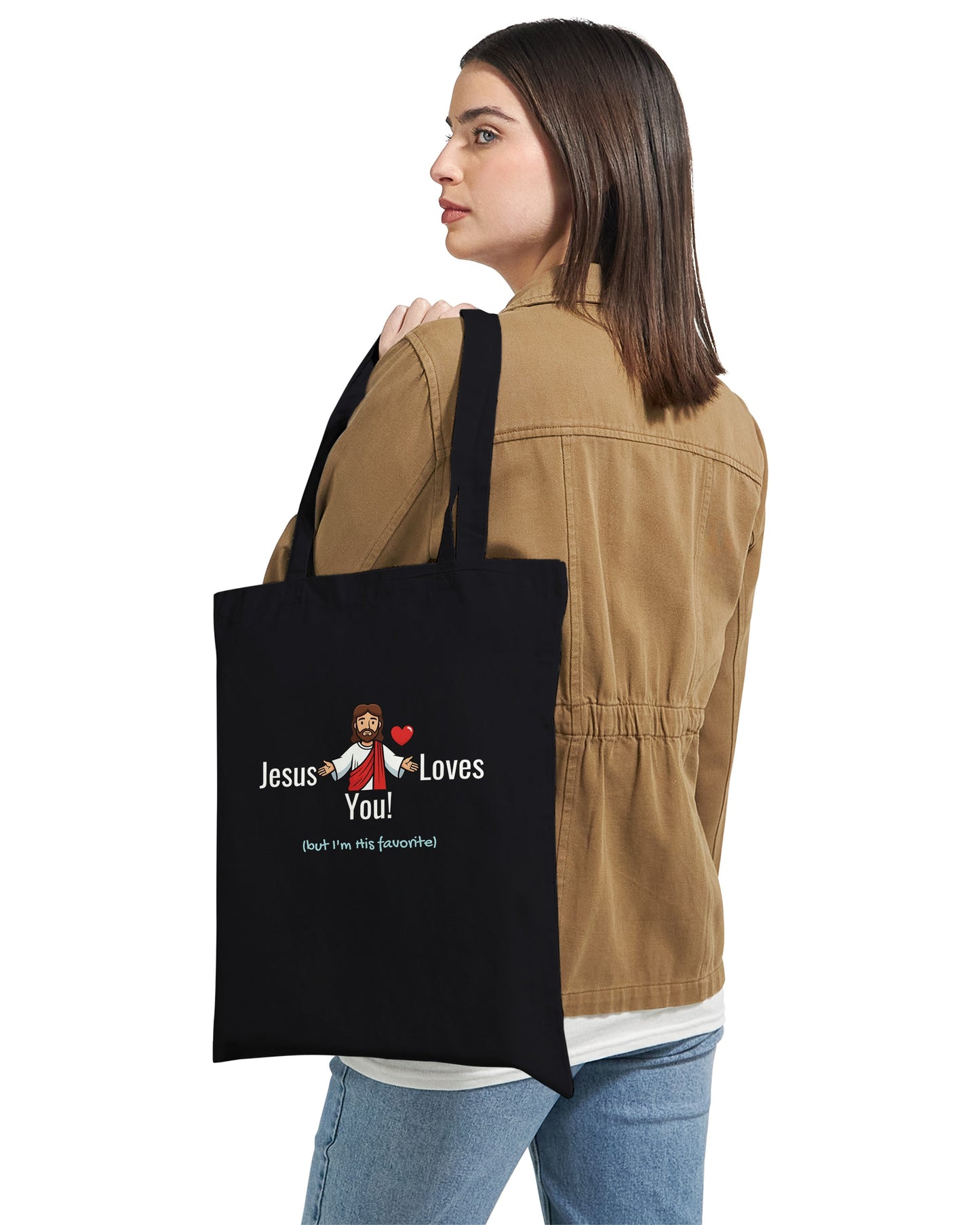 Tote Bag "Jesus Loves You (but I'm his favorite)" – Borsa in Tela Divertente, Regalo Ironico Cristiano