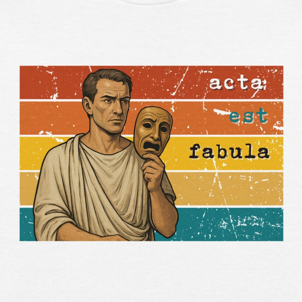 T-shirt "Acta Est Fabula": Maglia Filosofica con Maschera Teatrale Romana – Estetica Vintage e Dark Academia
