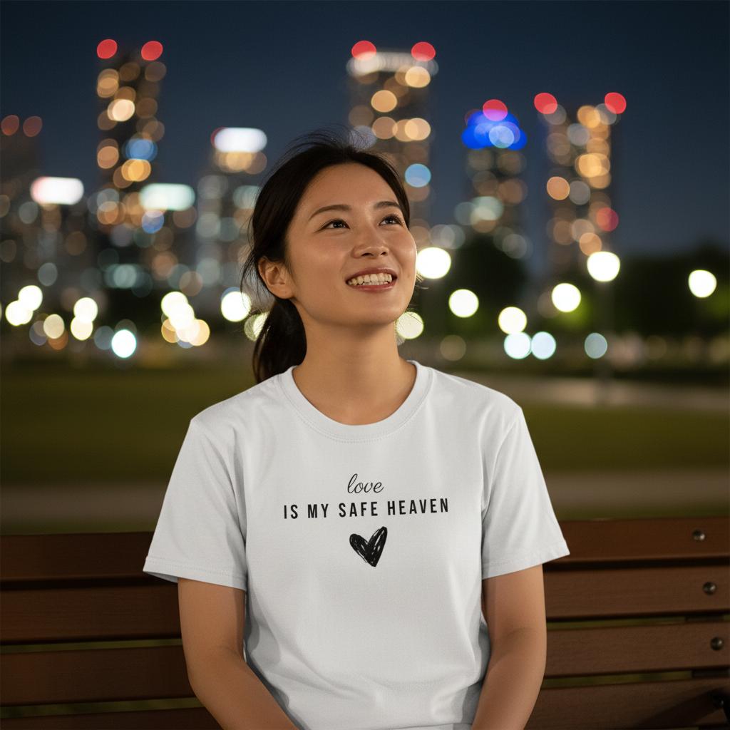 Love Is My Safe Haven – T‑Shirt con Citazione Motivazionale