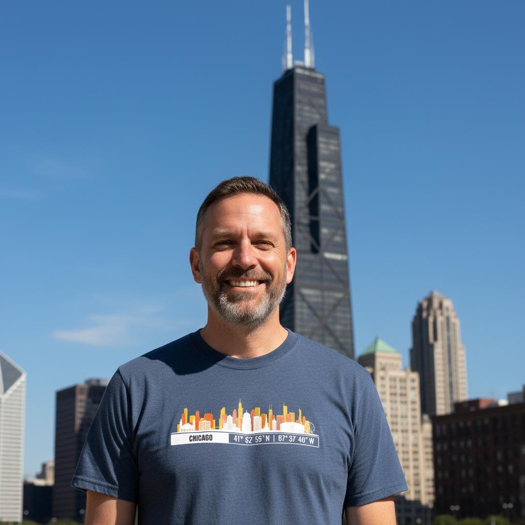 T-Shirt Chicago con Skyline e Coordinate – Minimal City Tee, American Travel Gift