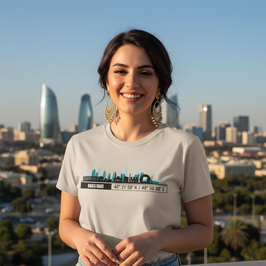 Baku Skyline T-Shirt with Coordinates – Minimal City Tee, Italy Travel Gift