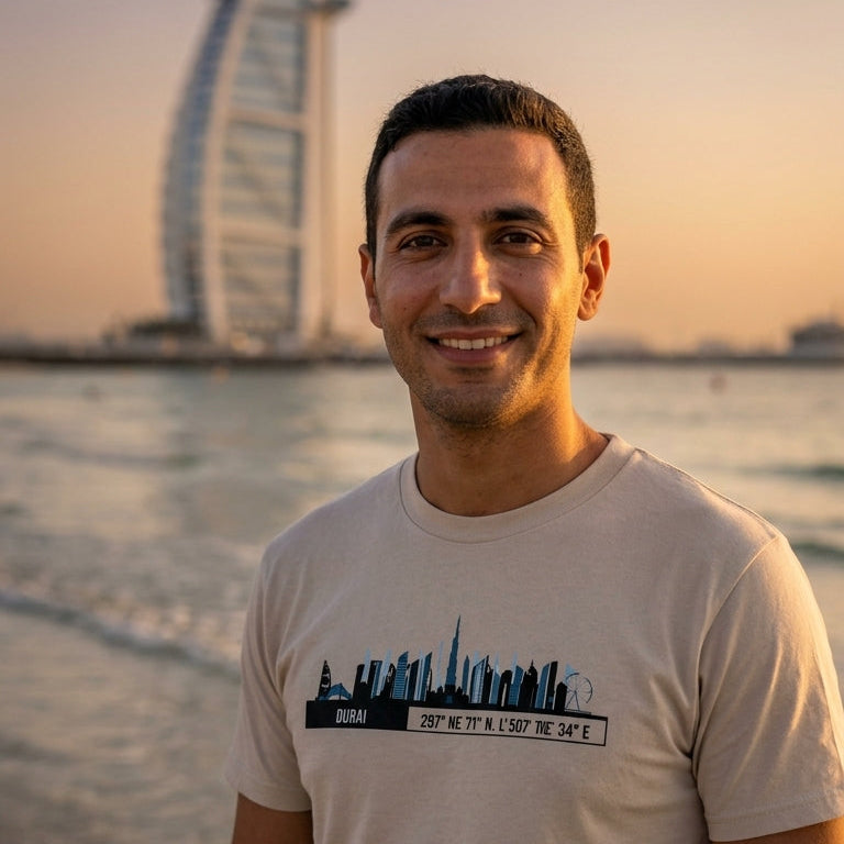 T-Shirt Dubai con Skyline e Coordinate – Minimal City Tee, Emirates Travel Gift