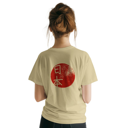 T-shirt Unisex con Stampa sul RETRO ispirata al Giappone con Cerchio Rosso e Nihon scritto in Kanji