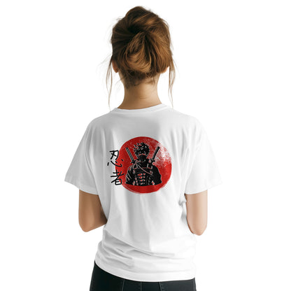 T-shirt Ninja con Kanji Giapponesi e Sole Rosso - Stampa sul RETRO - Maglietta Minimal Design