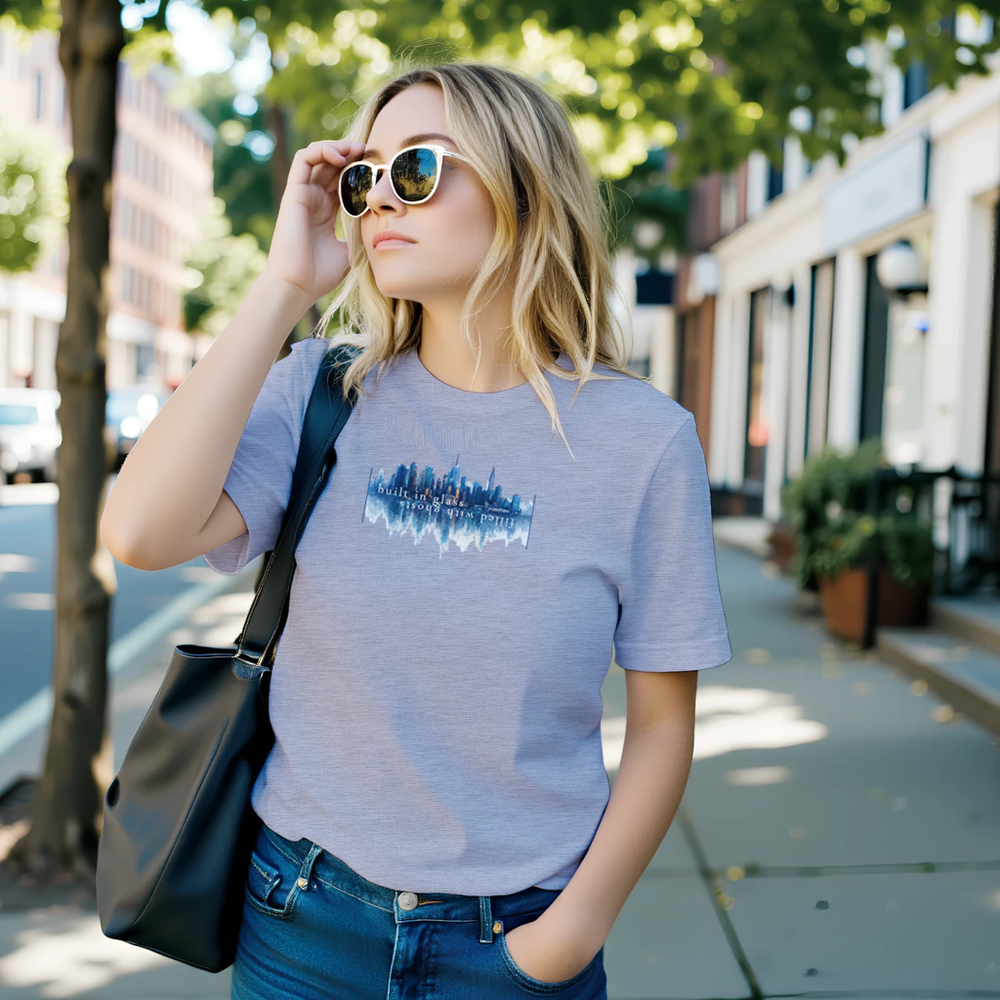 Built in Glass. Filled with Ghosts T-Shirt – Maglietta con Skyline Specchiato e Design Evocativo