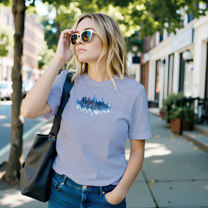 Built in Glass. Filled with Ghosts T-Shirt – Maglietta con Skyline Specchiato e Design Evocativo