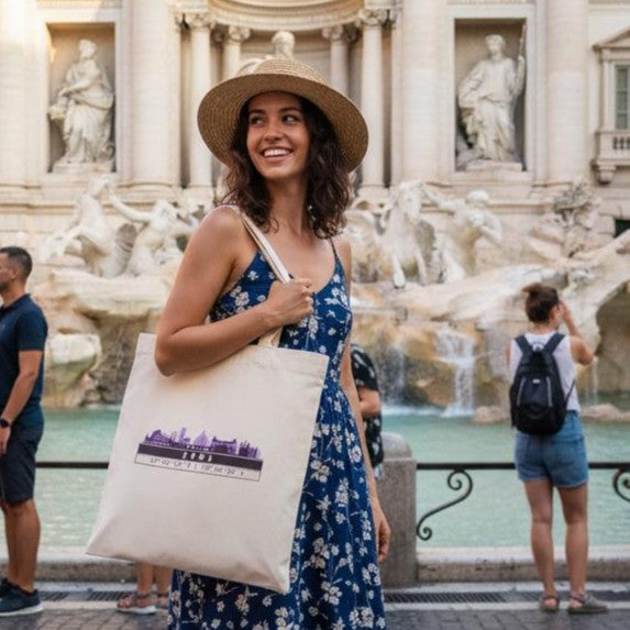 Rome Skyline Tote Bag – Borsa in Cotone Riutilizzabile con Coordinate